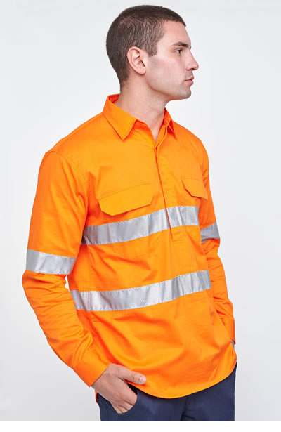 SW87 Unisex Hi-Vis Cool Breeze Closed Front LS Shirt with Perforated Tape